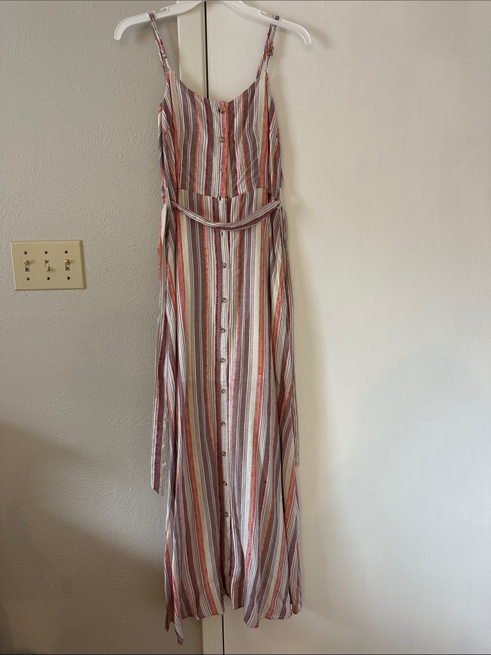 Harper Striped Button-Front Maxi Dress in Red, Pink, Cream, Blue